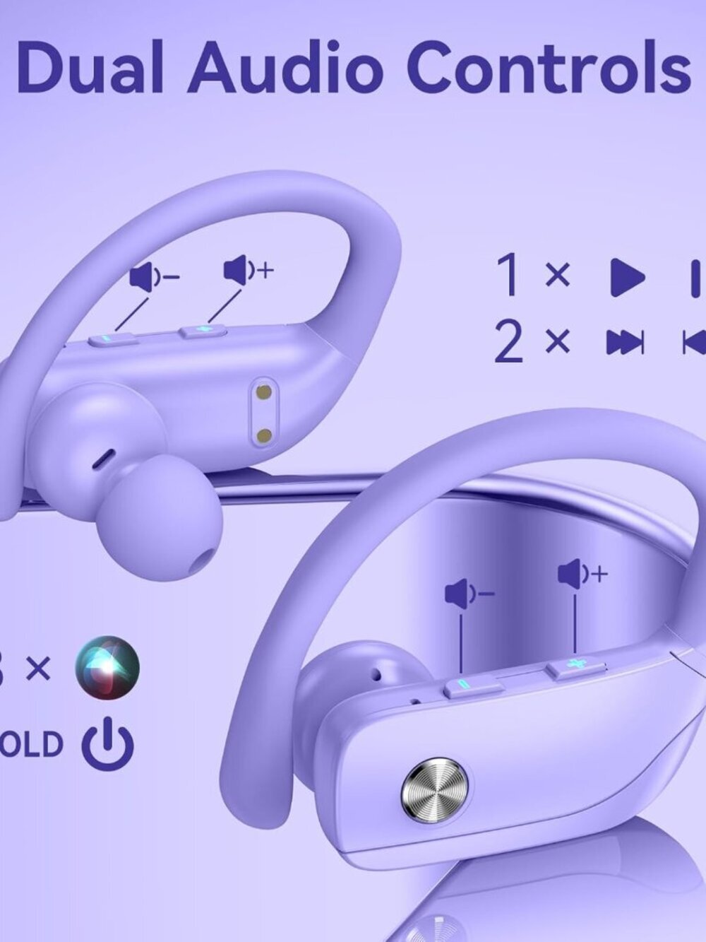 Purple Wireless Earbuds Bluetooth LED Display Ear-hooks Built-in Mic Headset - Picture 4 of 6
